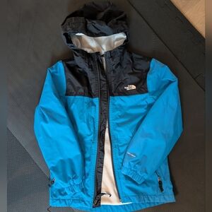 Northface Boy's Size S 7/8 Fleece Lined Hooded Rain Jacket Blue And Black